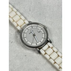 Fossil Watch Womens 38mm Date Silver Tone White Silicone Band Quartz New Battery